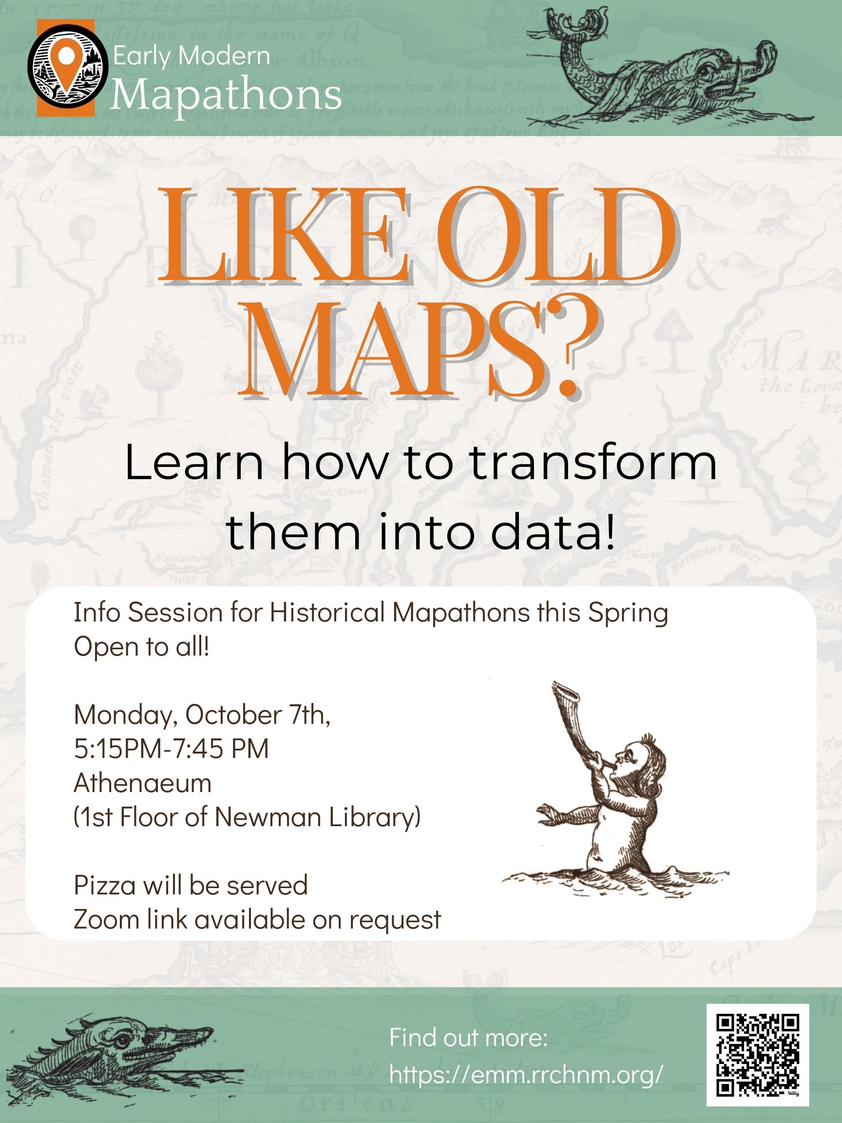 Early Modern Mapathons info session poster with a vintage map background, sea-monster illustrations, and a QR code linking to the project website
