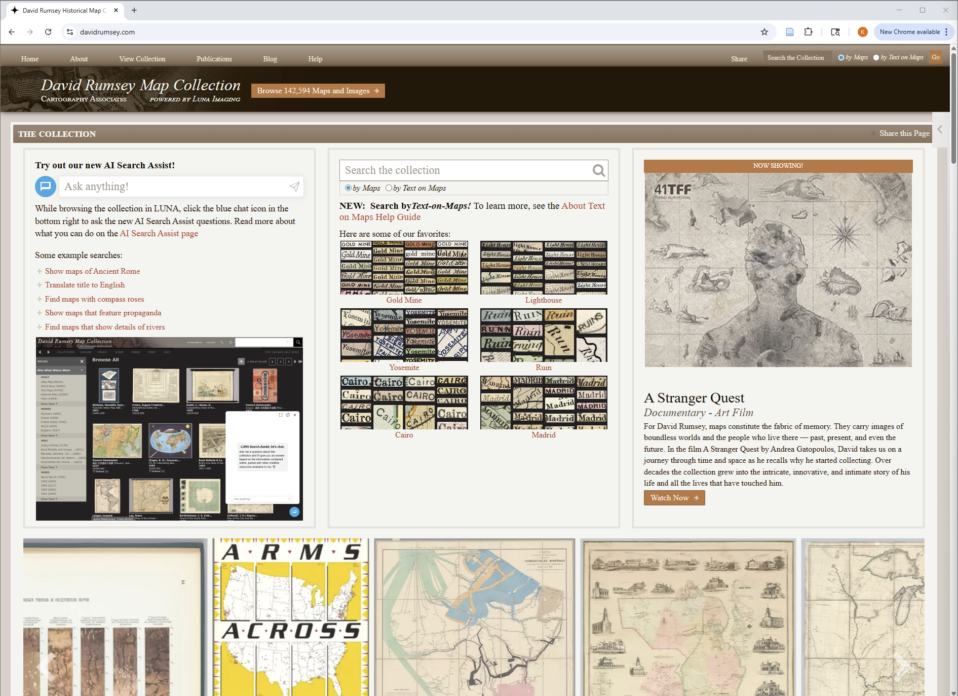 David Rumsey Map Collection homepage with search tools and a browsable grid of historic maps