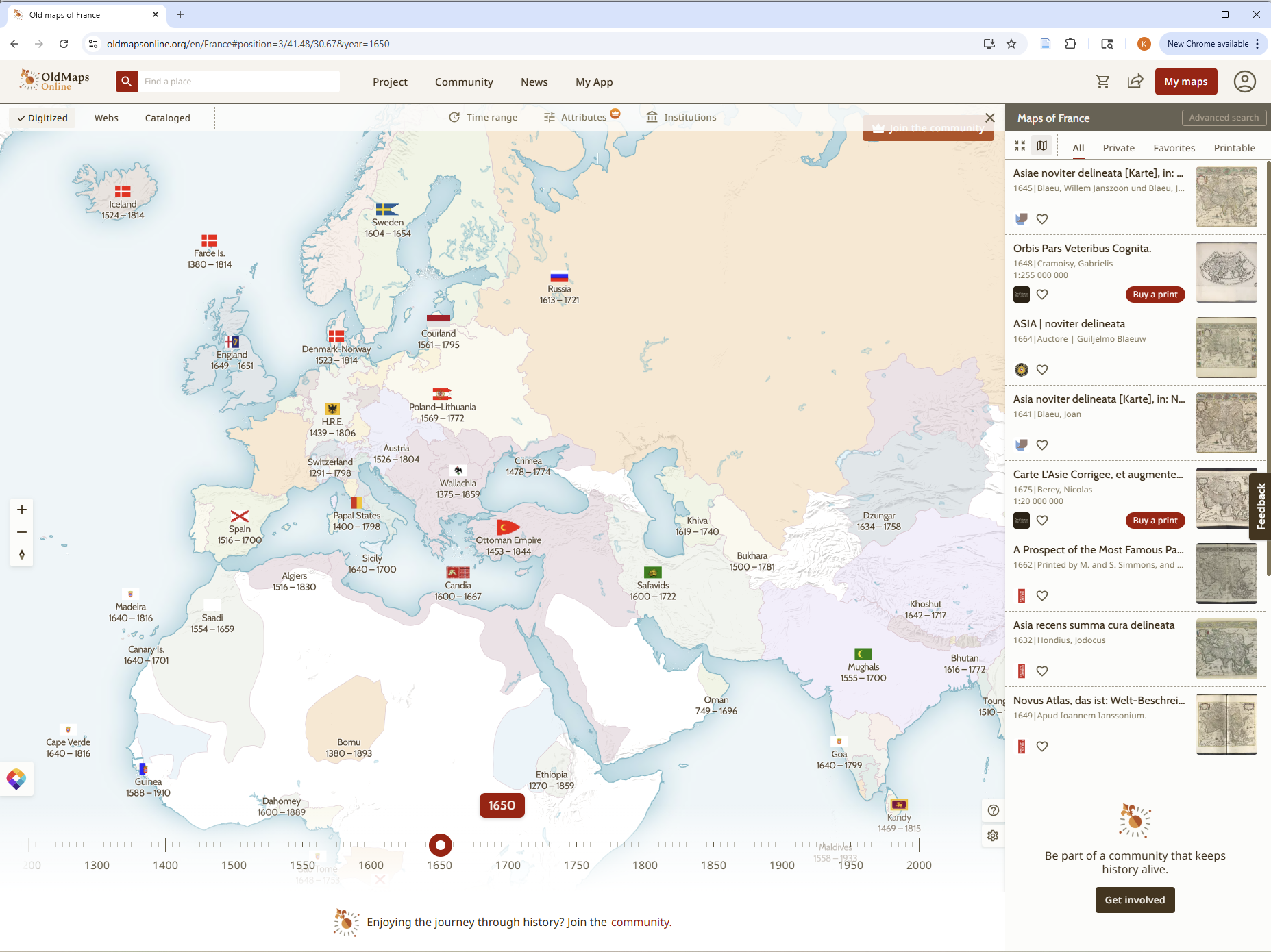Old Maps Online interactive map showing historical political boundaries around the year 1650, with a timeline slider and a results list of French maps