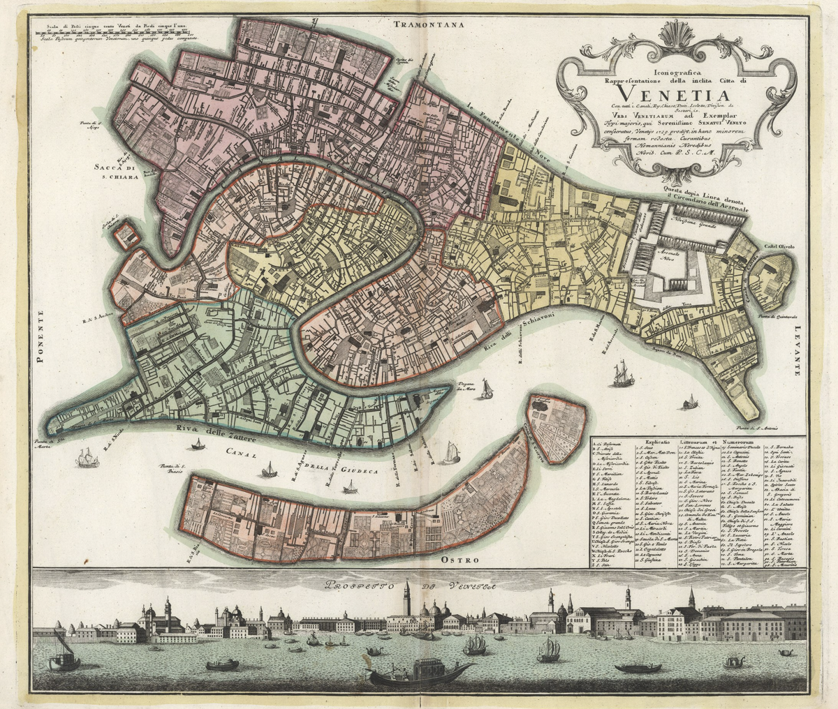 1716 aerial-view map of Venice titled &lsquo;Venetia,&rsquo; with clearly outlined, color-coded city districts and streets, and a panoramic waterfront view along the bottom