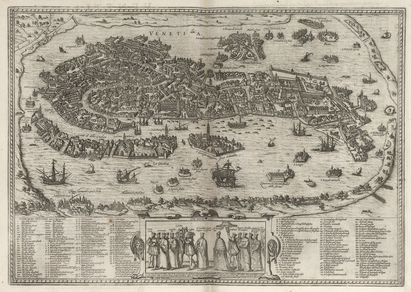 1575 bird&rsquo;s-eye view map of Venice titled &lsquo;Venetia,&rsquo; drawn in an axonometric perspective with buildings shown at an angle rather than flat, surrounded by ships in the lagoon