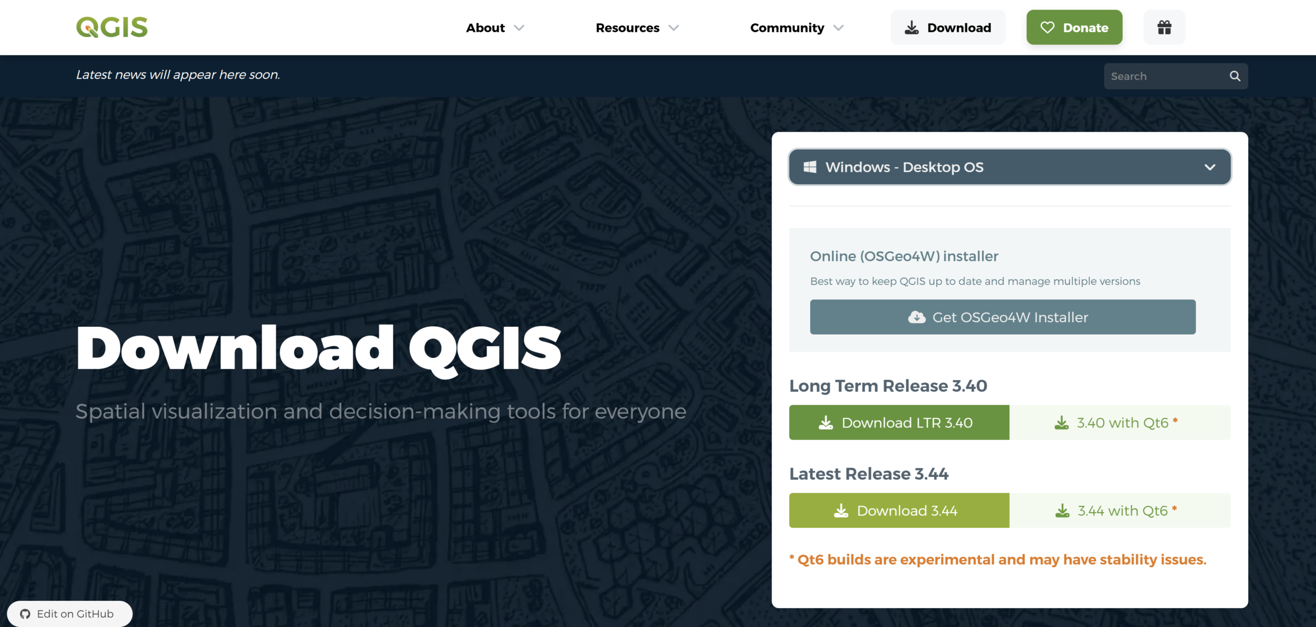 QGIS.org download page showing the Windows download options, including the OSGeo4W installer and Long Term Release and Latest Release download buttons