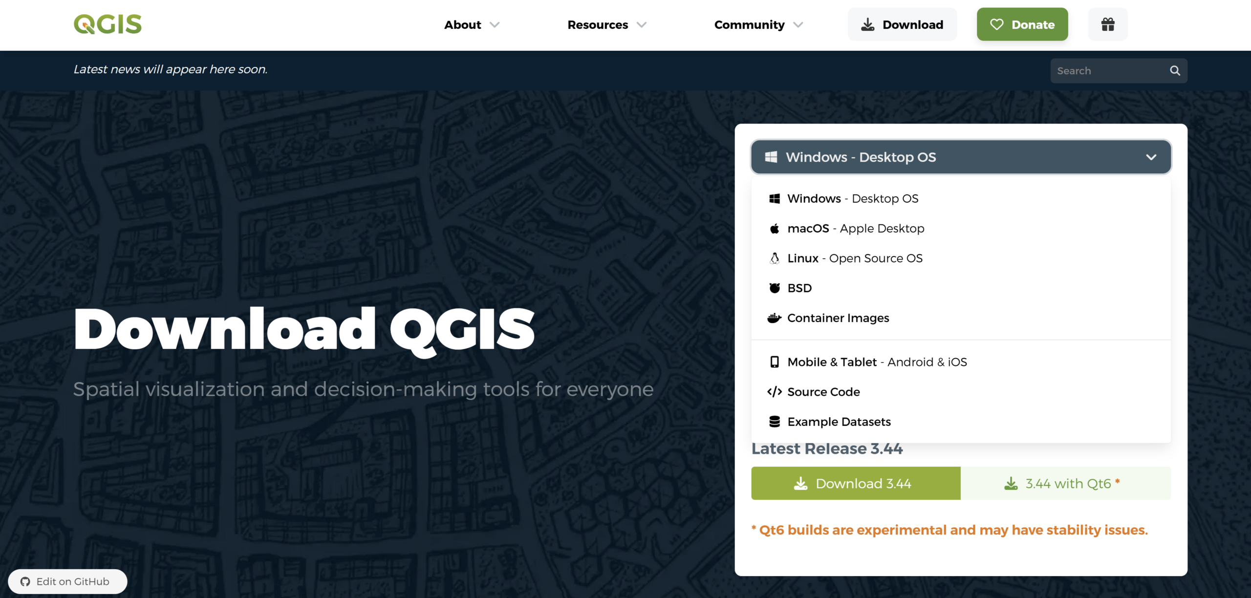 QGIS.org download page with the operating system dropdown menu open, listing Windows, macOS, Linux, BSD, and other download options