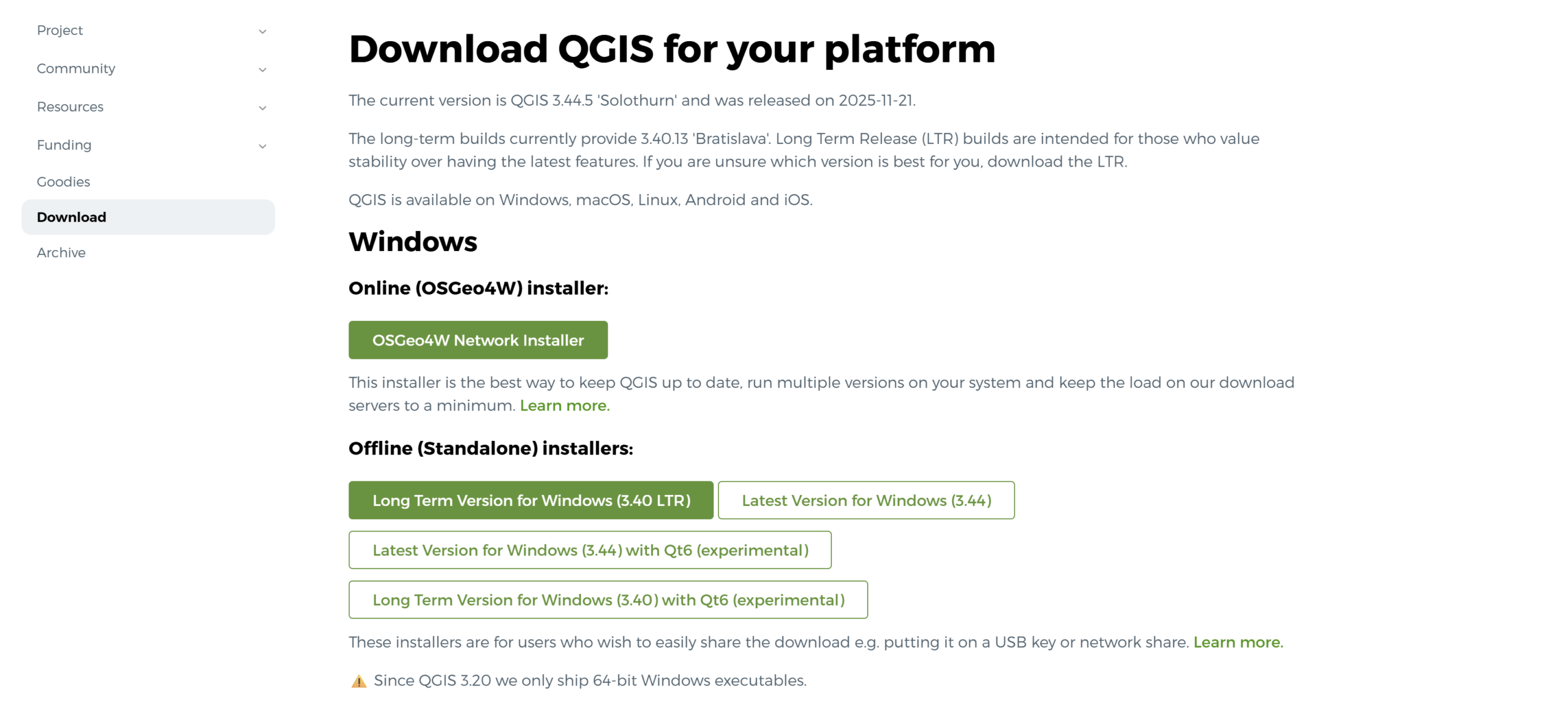 QGIS Windows download page listing the OSGeo4W network installer and offline installer options, including the Long Term Version 3.40 LTR