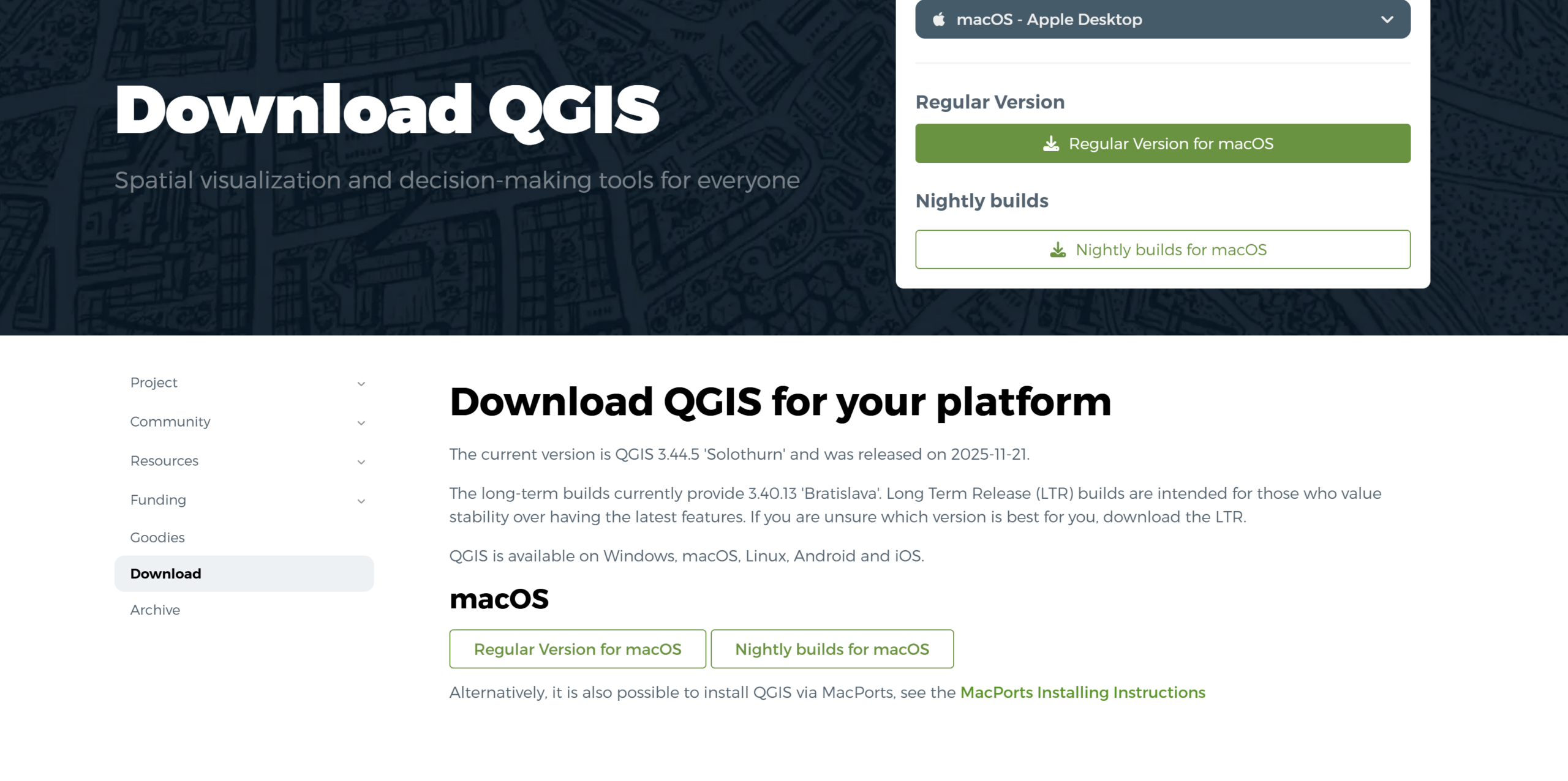 QGIS macOS download page showing the Regular Version and Nightly builds download buttons