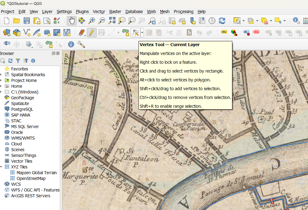 QGIS Vertex Tool tooltip displayed over a zoomed-in historic map of Venice, listing keyboard and mouse shortcuts for selecting vertices