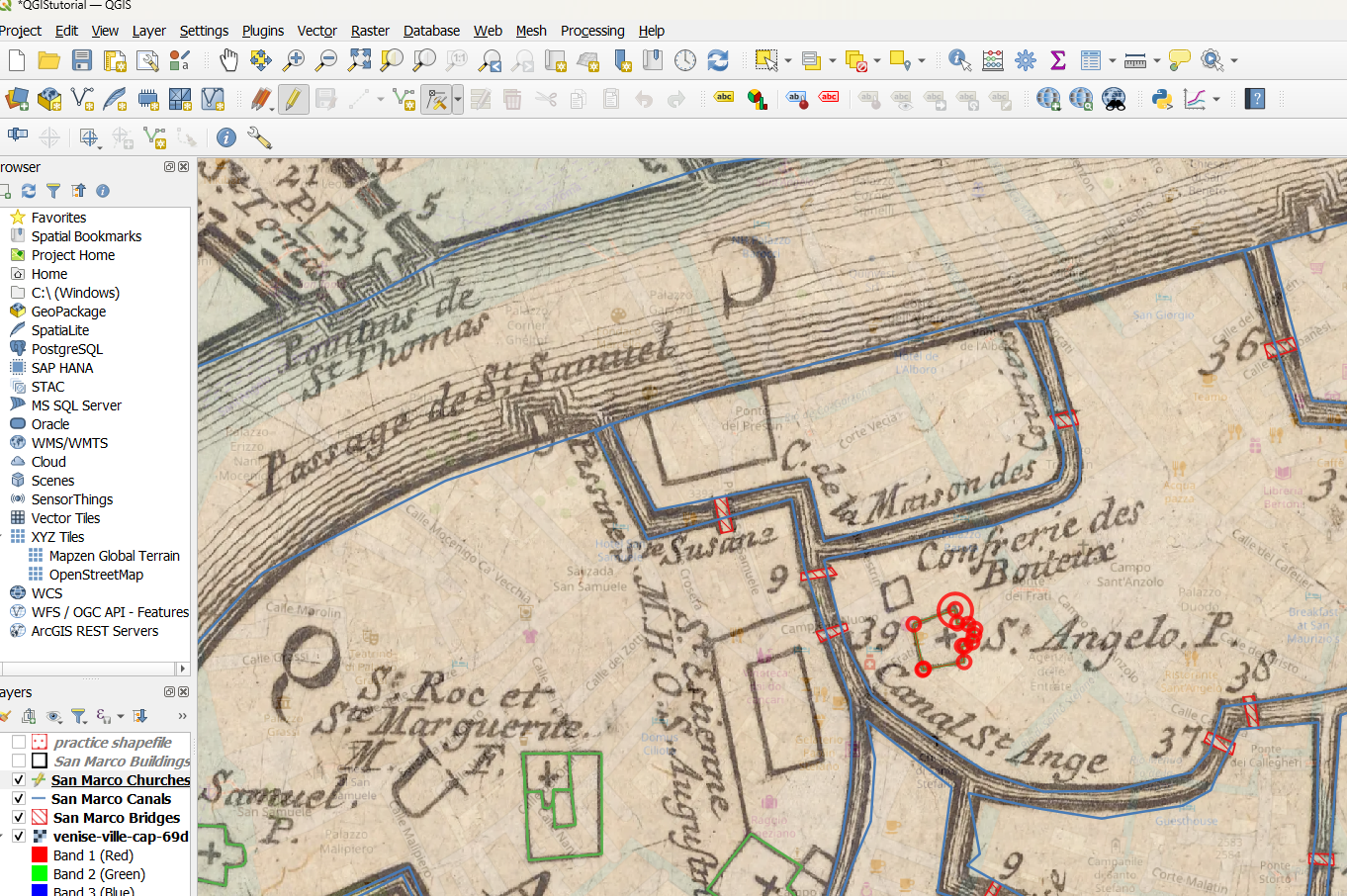 QGIS canvas showing shapefile vertices highlighted in red over a historic map of Venice, with the San Marco Churches, Canals, and Bridges layers listed in the panel