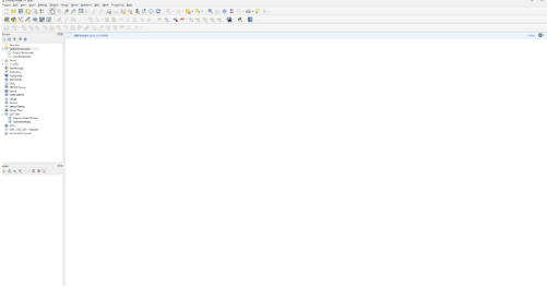 QGIS application open with a new, empty project and no layers added yet