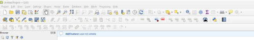 QGIS showing an untitled new project with an empty map canvas and the toolbar ready for adding layers