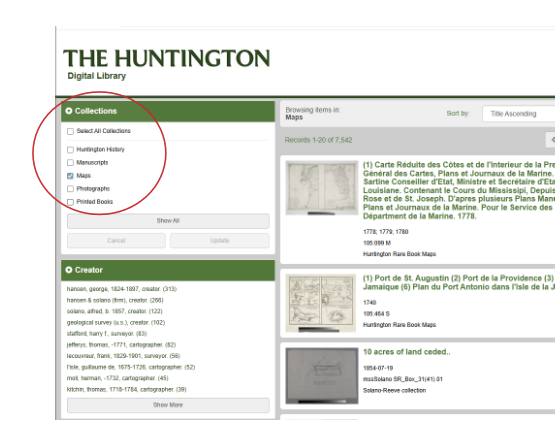 Huntington Digital Library sidebar showing the Collections filter with &lsquo;Maps&rsquo; selected and a list of Creator filter options